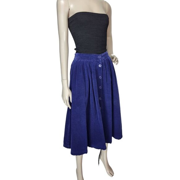 80s Vintage Corduroy High-Waist Pleated Blue Button-Down Full Midi Skirt M/L/XL - Picture 1 of 10